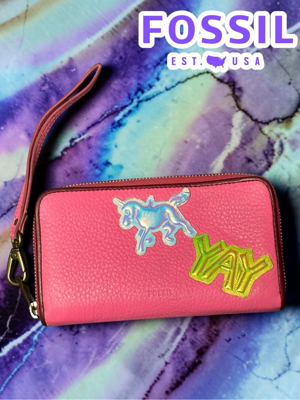 Fossil Pink Zip Wristlet Wallet with Unicorn Patch- YAY